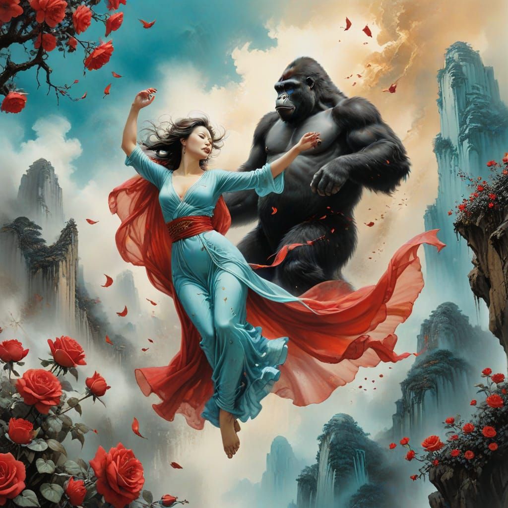King Kong and Ann Darrow in Chinese Painting Style