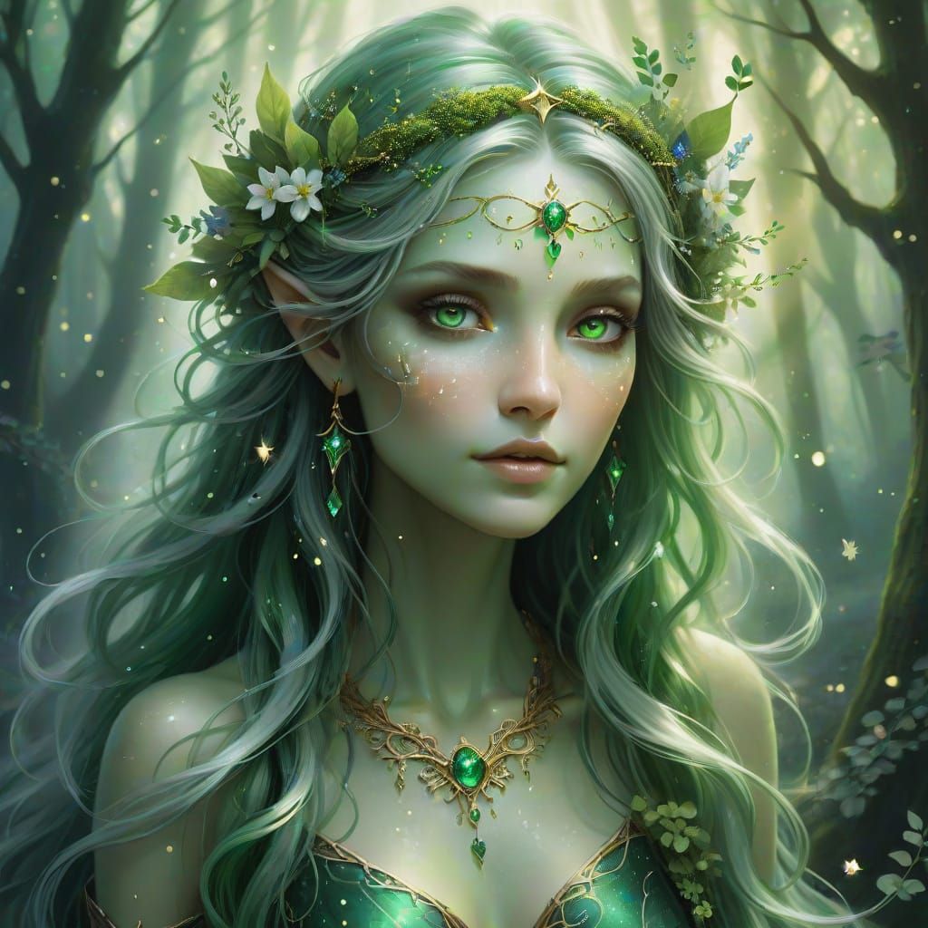 Surreal Forest Spirit with Emerald Eyes in Enchanted Glade