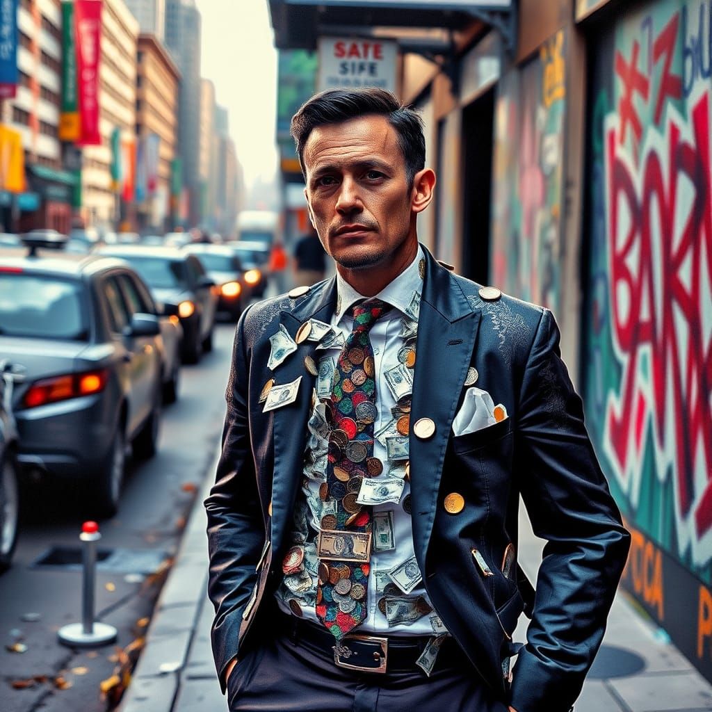 Man Drenched in Currencies on Graffiti Street