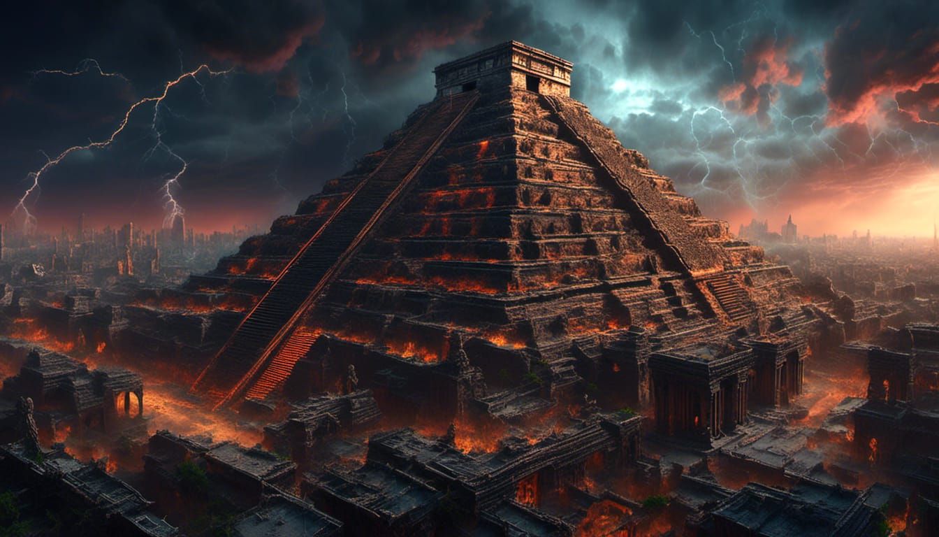 Steampunk Aztec Cityscape in Thunderstorm