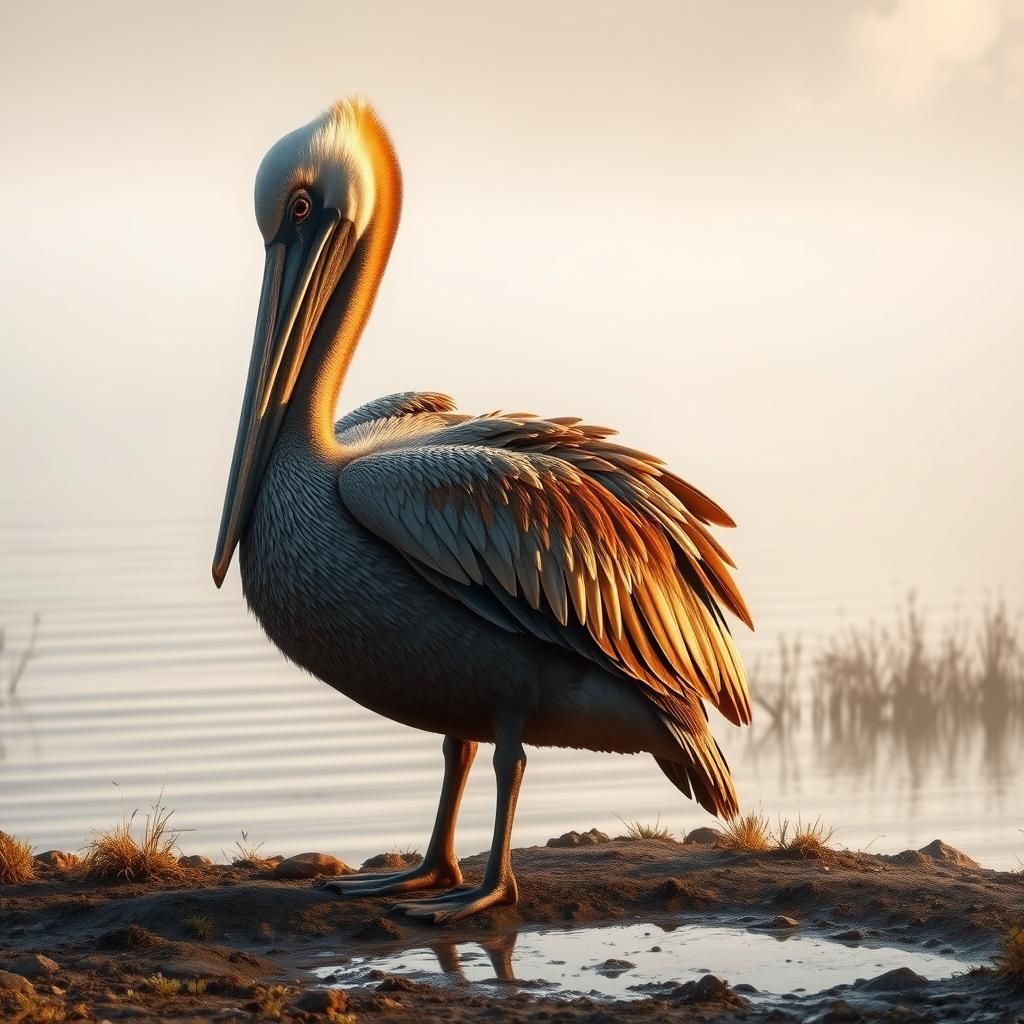 Pelican on Misty Lakeside Shore at Dawn