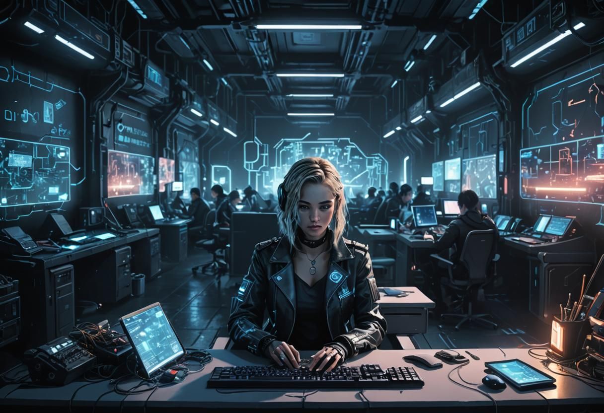 Cyberpunk Gothic Room with Woman at Desk