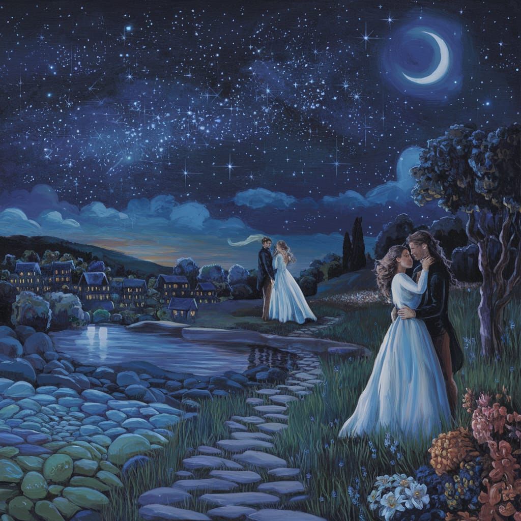 Romantic Starry Night with Couples, Detailed Matte Painting