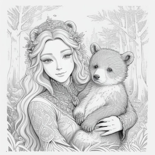 Fantasy Bear Cub and Mother Walking in Whimsical Woodland Sc...