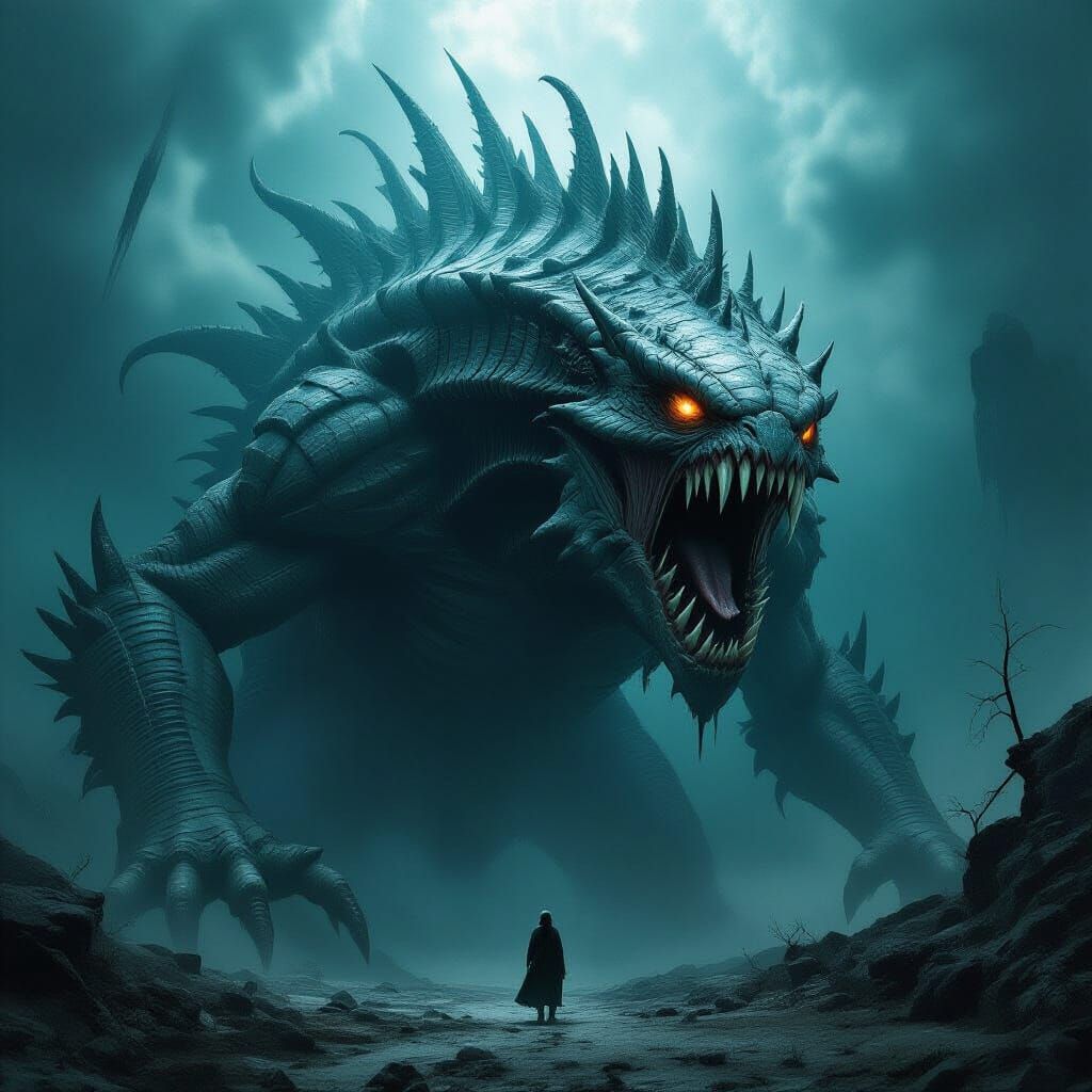 Terrifying Scaled Creature in a Dark Fantasy World