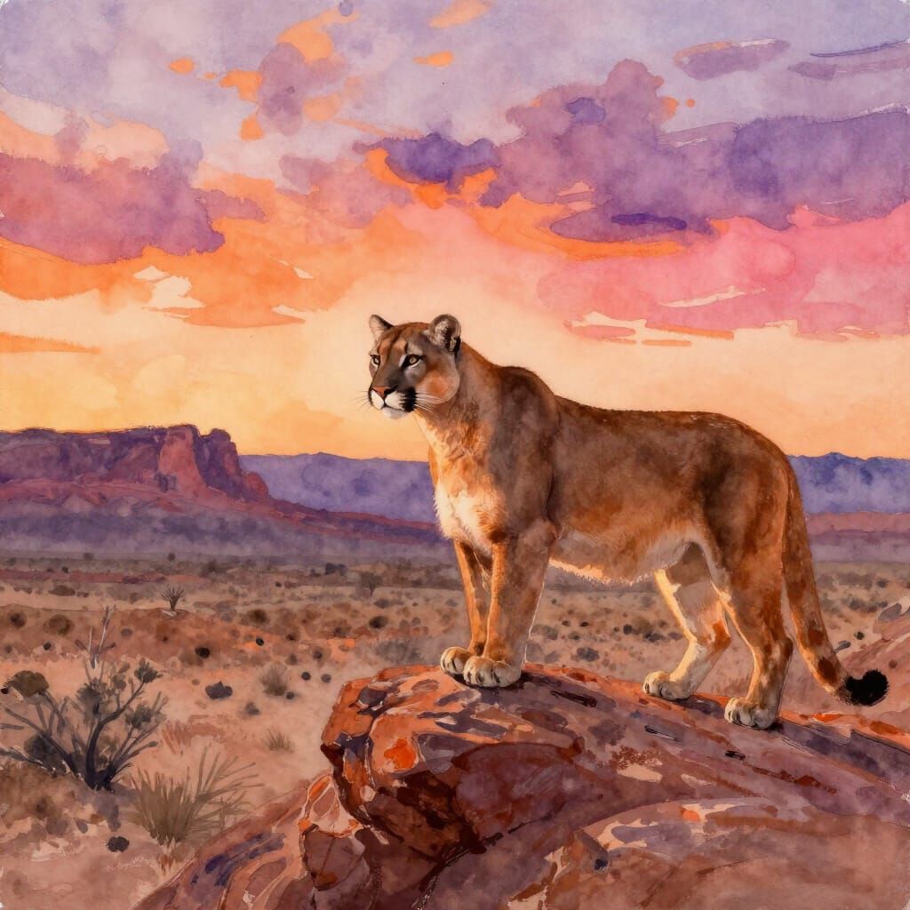 Mountain Lion at Sunset in Superstition Mountains Watercolor