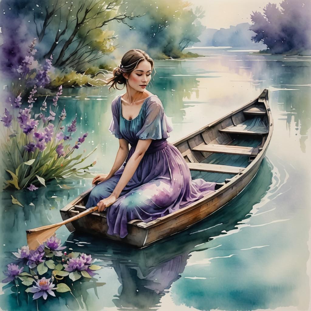 Girl on Danube River in Dreamy Watercolor