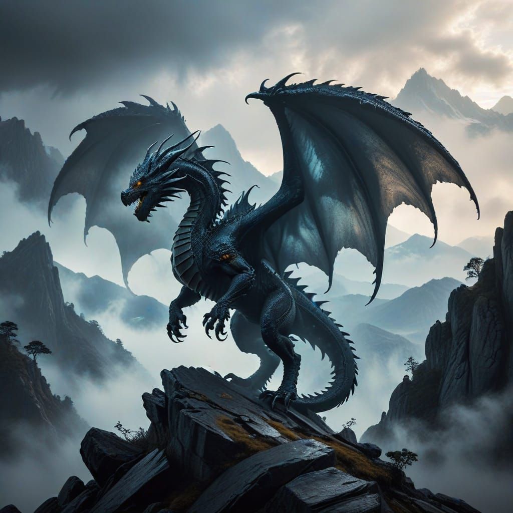 Dragon Silhouette Soars Over Misty Mountains