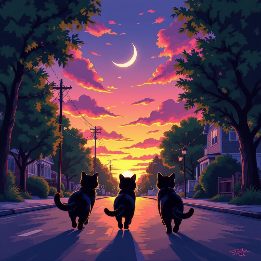 Three Black Cats Run Under Vivid Sunset Sky