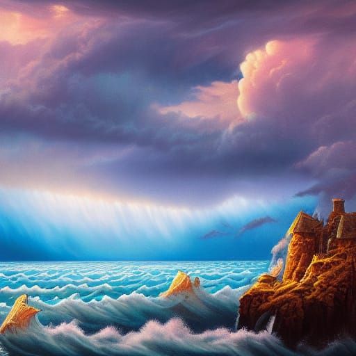 Surreal Oceanic Thunderstorm in Deep Fantasy Color Palette
