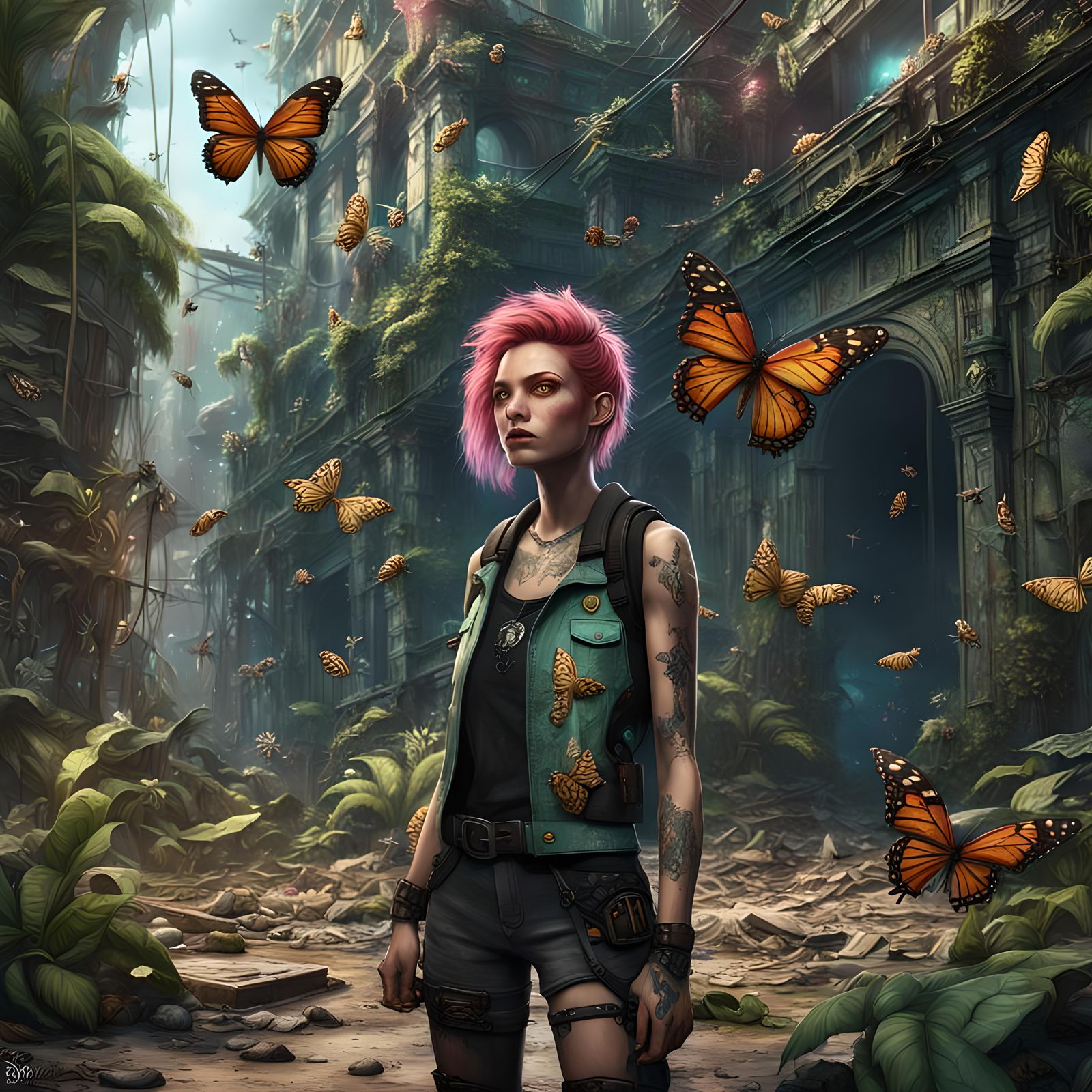 Punk Rock Girl in Jungle City: Detailed Matte Painting