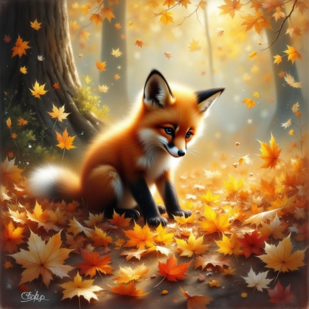 Fox Cub Creates Autumn Leaf Mosaic in Forest