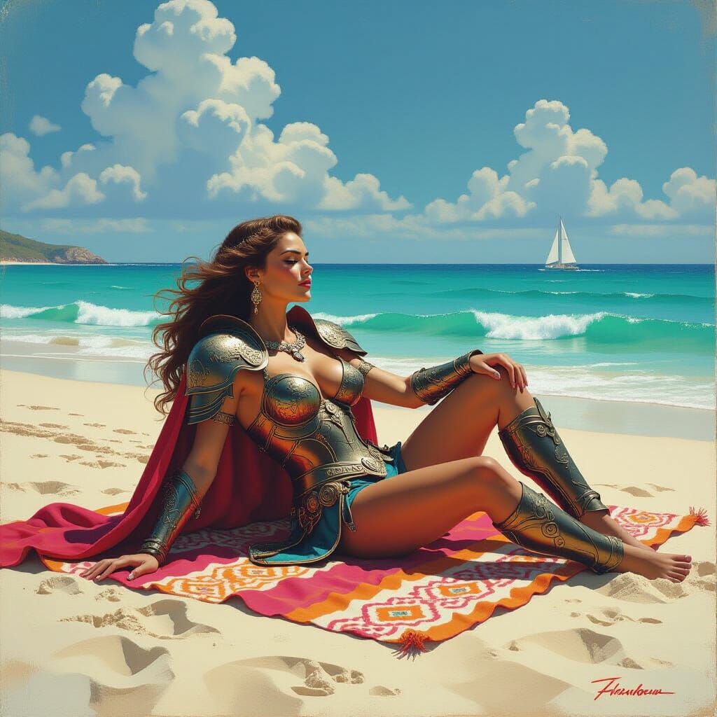 Valkyrie Sunbathing on the Beach as Oil Painting