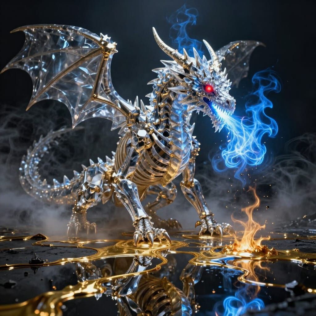 Crystal Skeleton Dragon Spewing Blue Flame in Fog