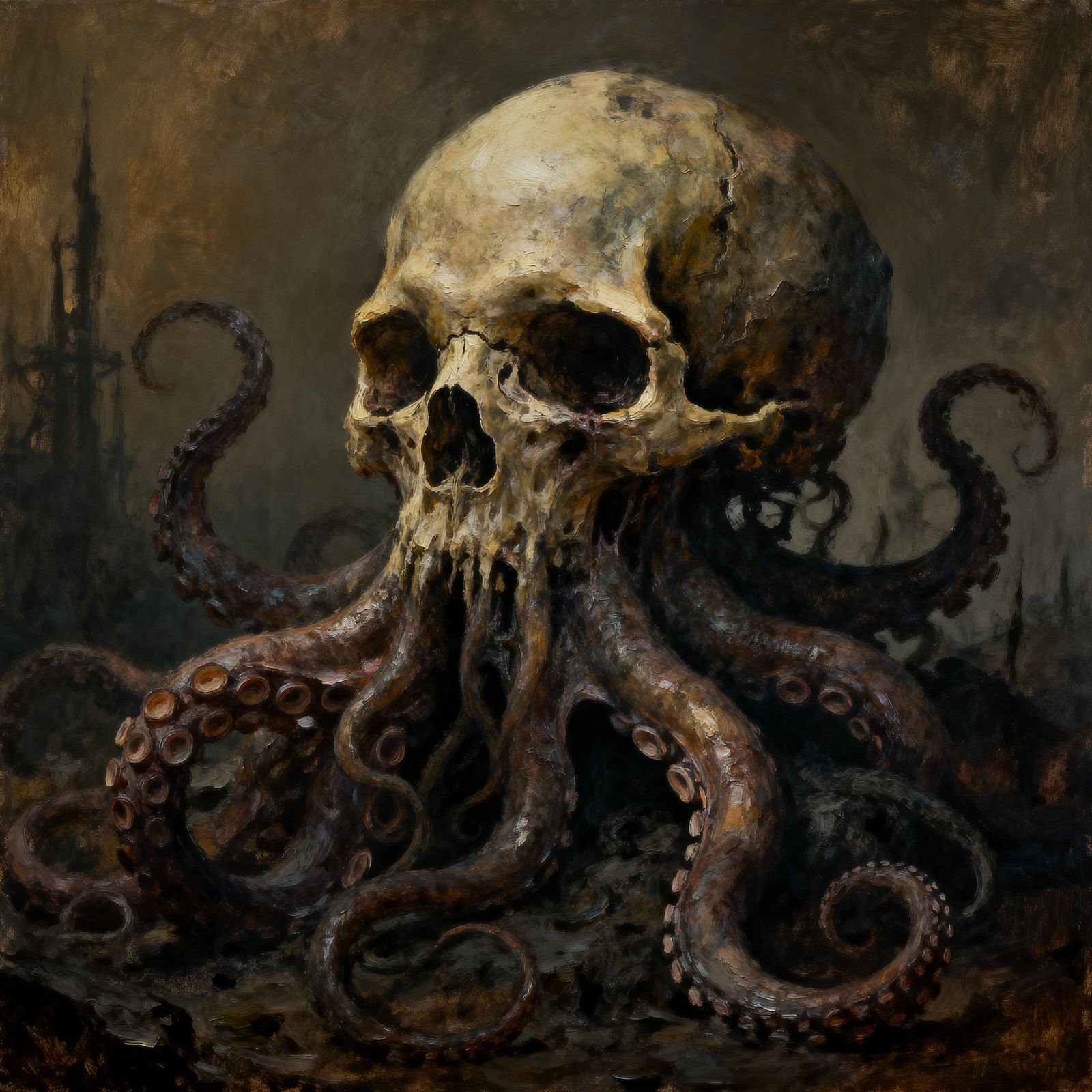 Surreal Octopus Skull in Impasto Style