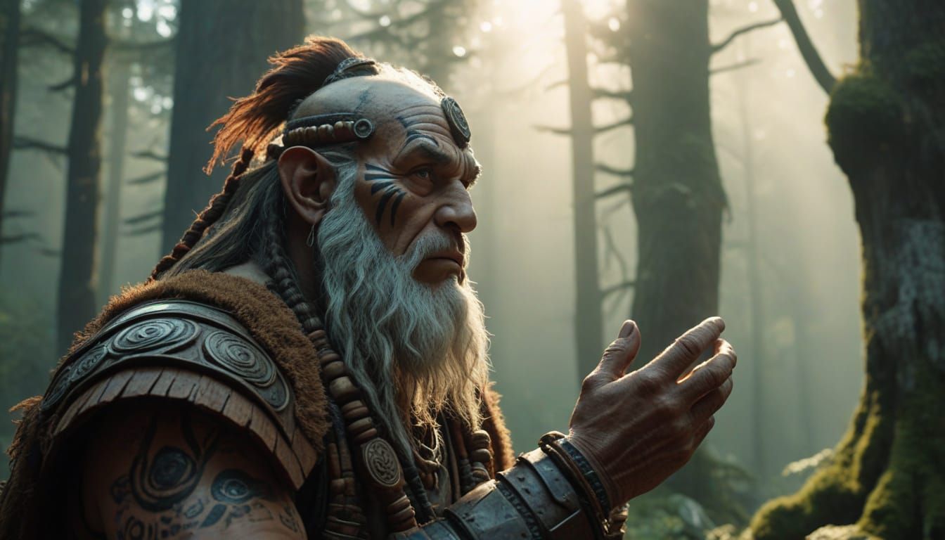 Ancient Shaman Commands Silence in Mystic Forest