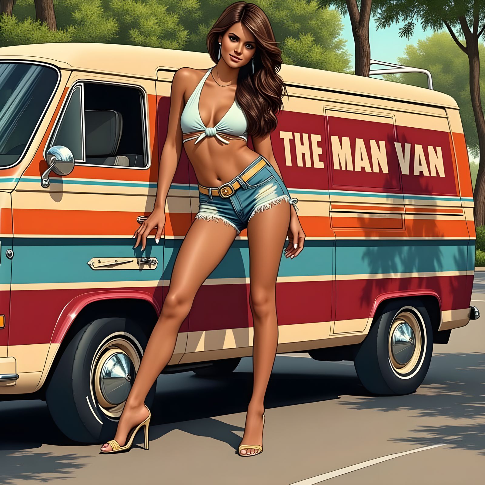 Sultry Woman by 70s Chic Van in Park Setting