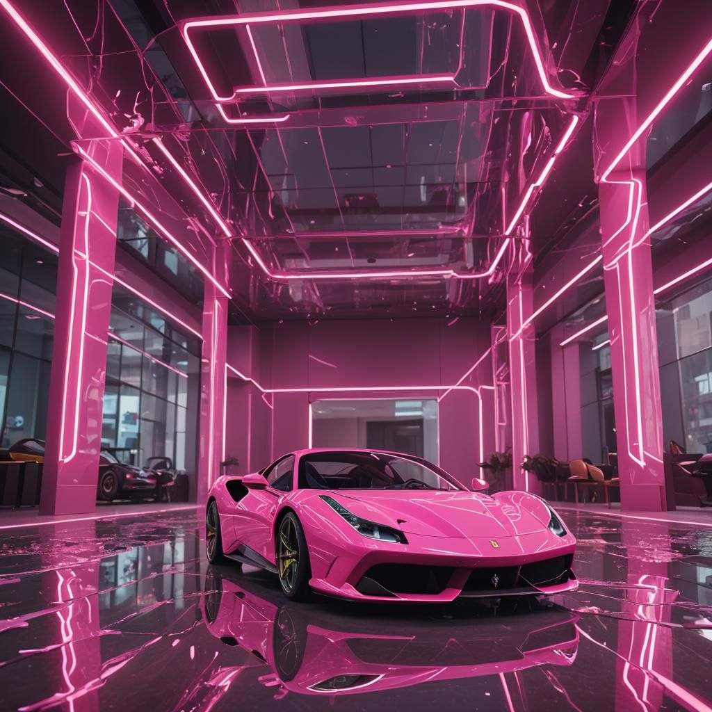 Neon Pink Ferrari Sports Car on Mirrored Floor