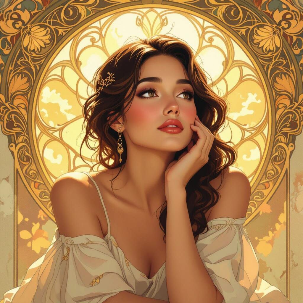 Contemplative Woman in Art Nouveau Style