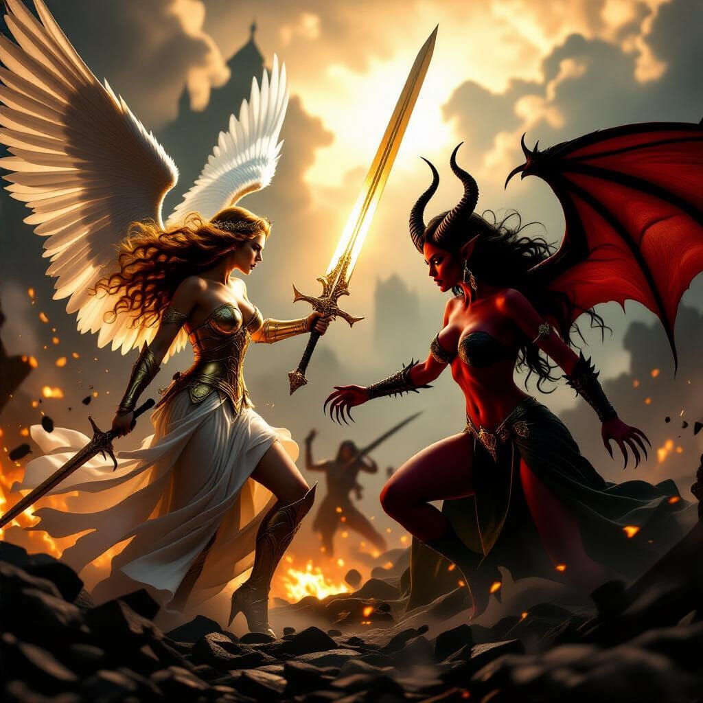 Angel Battles Demon in Chaotic Fantasy Scene