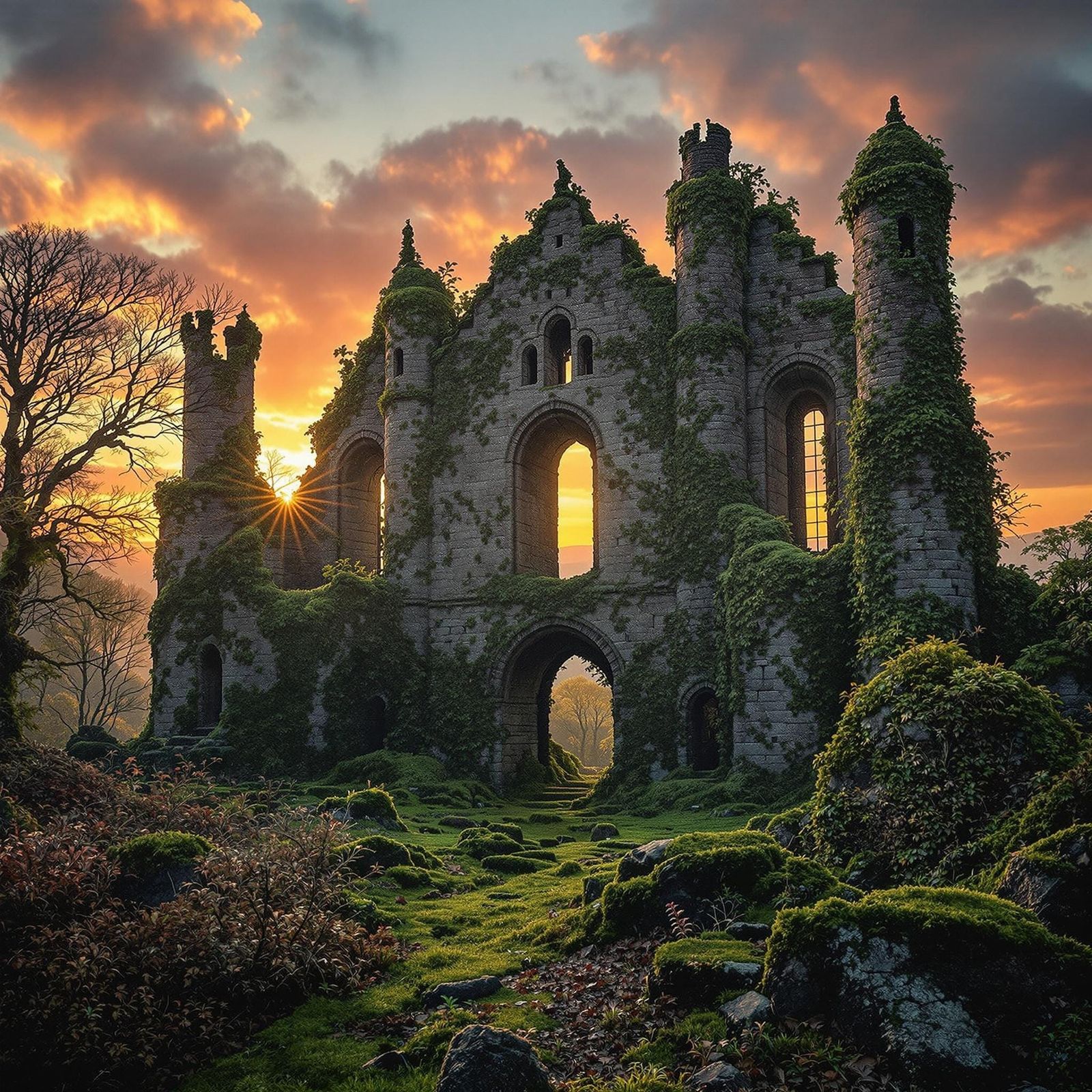 Castle Ruins Reclaimed by Nature at Sunset