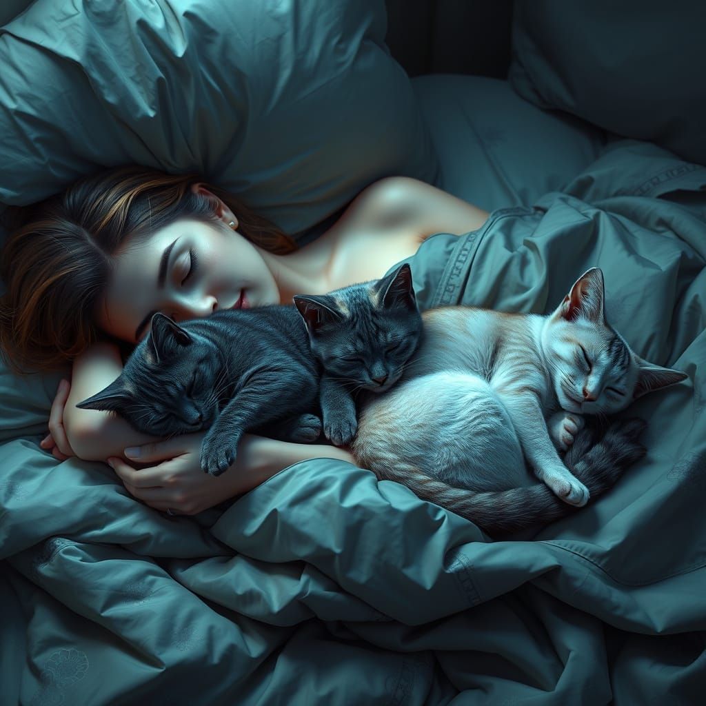 Woman Surrounded by Luminous Cats in a Fantastical Slumber S...