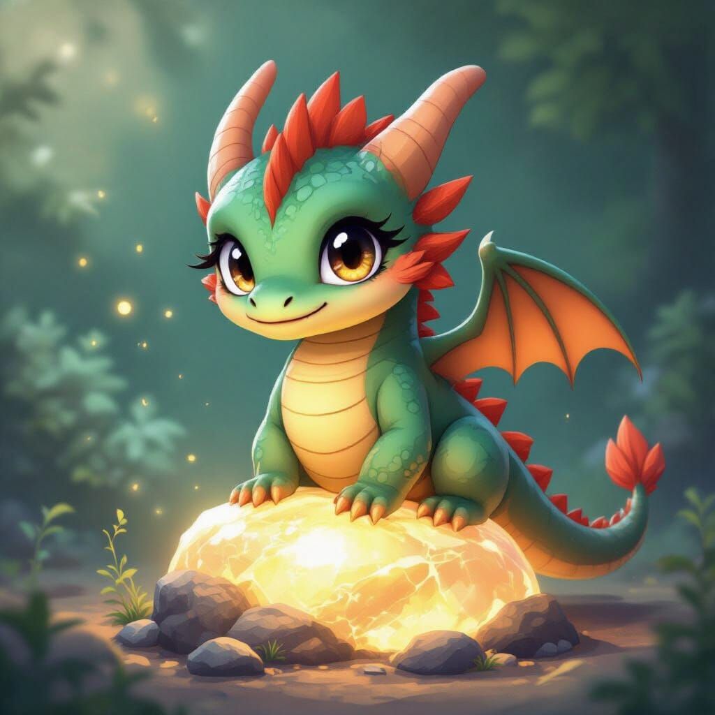 Cute Chibi Dragon in Anime Style on Glowing Rock