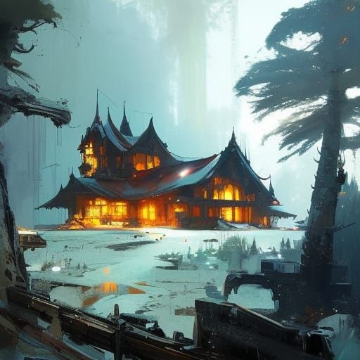 Giant Mansion in Winter Mountain Landscape Painting