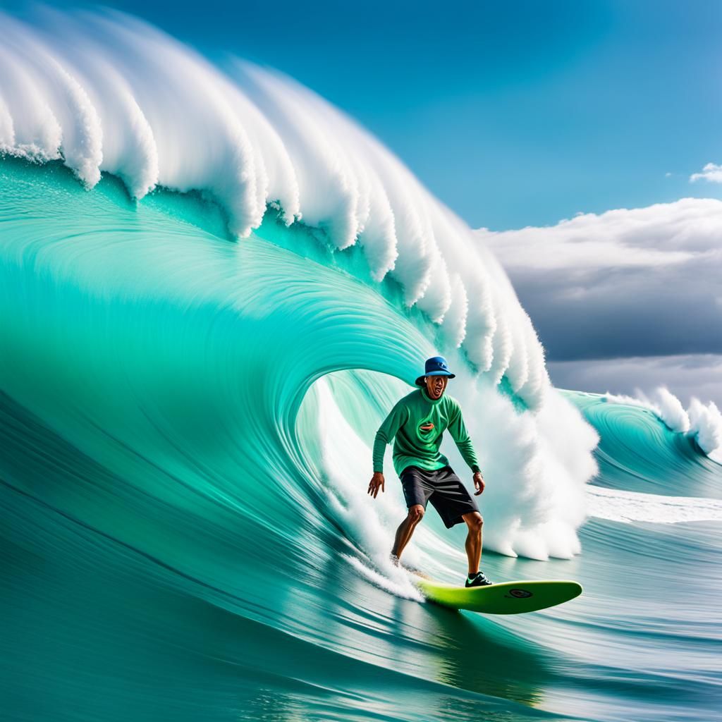 Green Alien Surfing a Wave in Surrealist Style