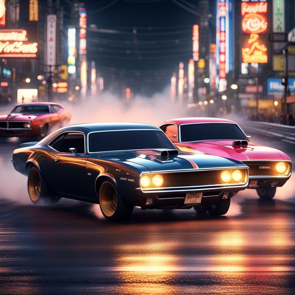 Muscle Cars Drag Racing in Neon Tokyo