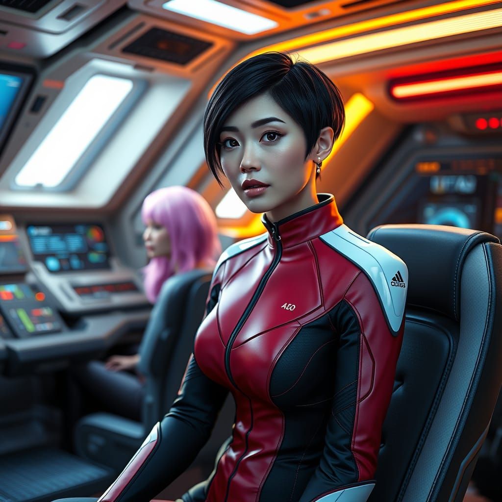Photorealistic Asian Woman in Spaceship Command Room
