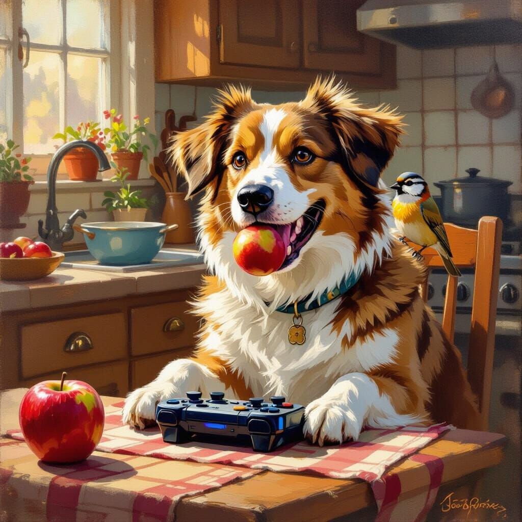 Dog Plays Video Games While Cooking and Eating an Apple