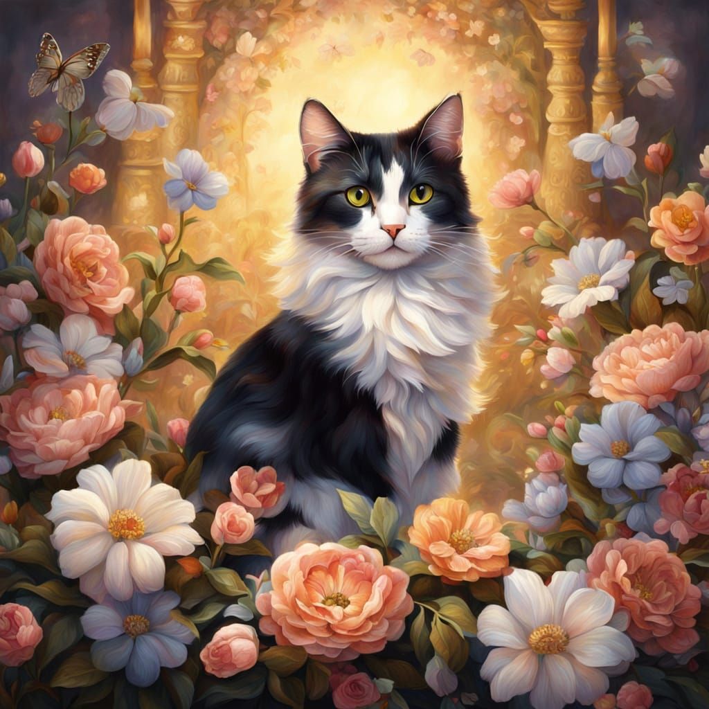 Calico Cat in Baroque Style with Flowers and Lights