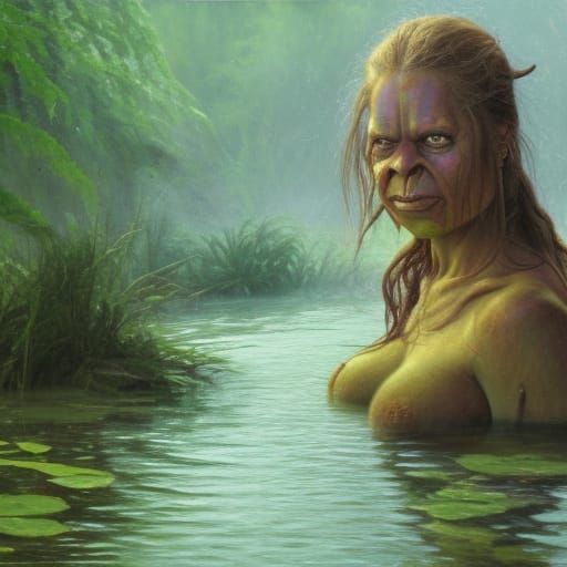 Female Orc in Swamp, Oil Painting Style