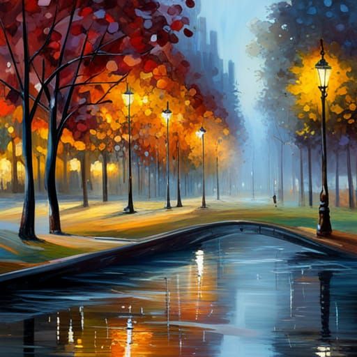 Reflections of Autumn: Impressionist City Park at Night