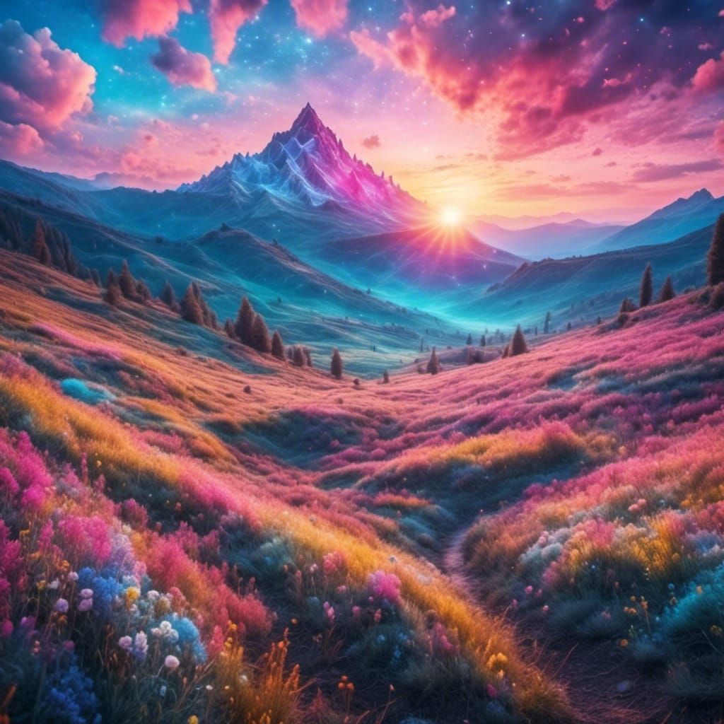 Impressionist Meadow Landscape with Golden Light