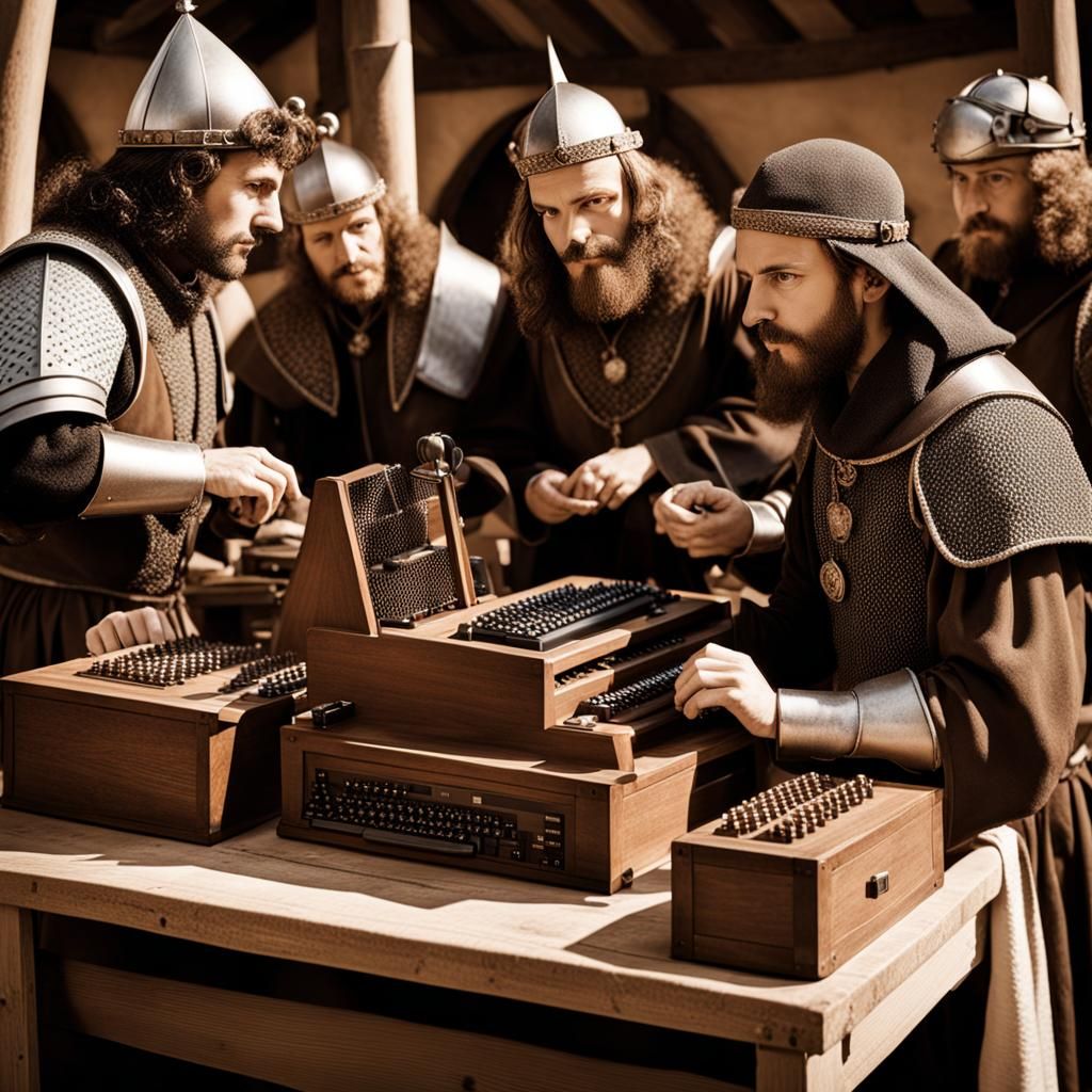 Medieval Hackathon with Wooden Computers in Sepia
