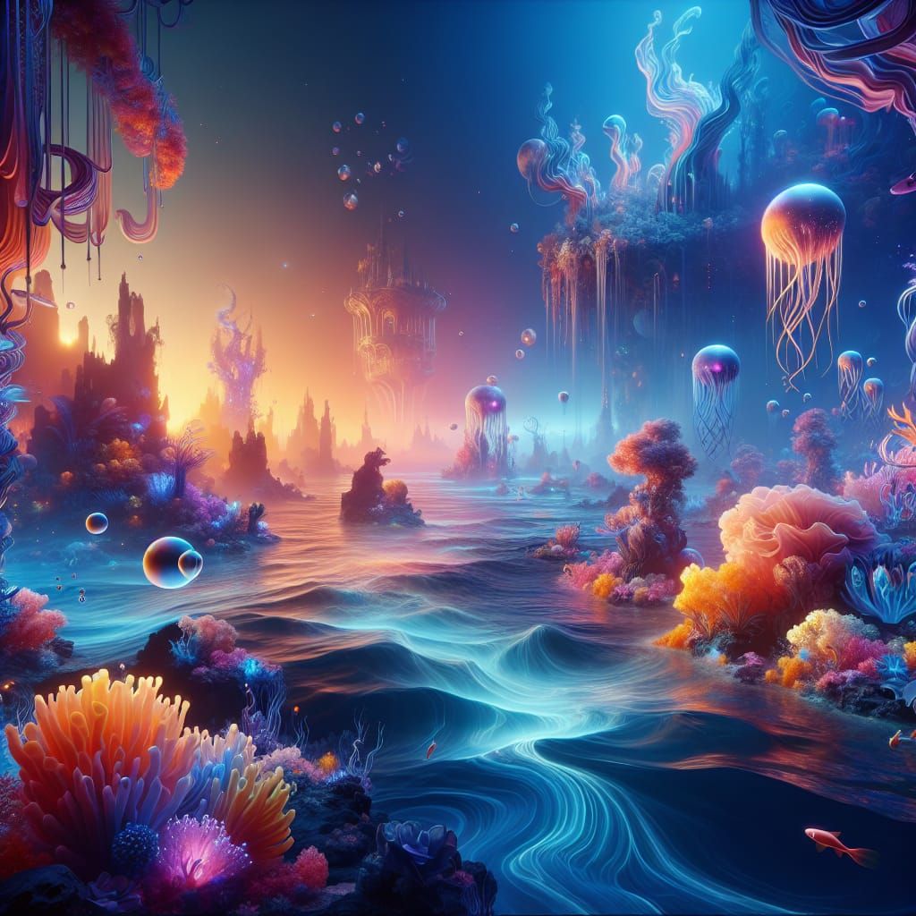 captivating underwater scene with beautiful colors, blending fantasy and nature featuring a dramatic underwater view wit...