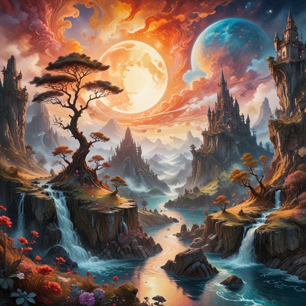 Ethereal Bloodmoonscape in Watercolor and Ink