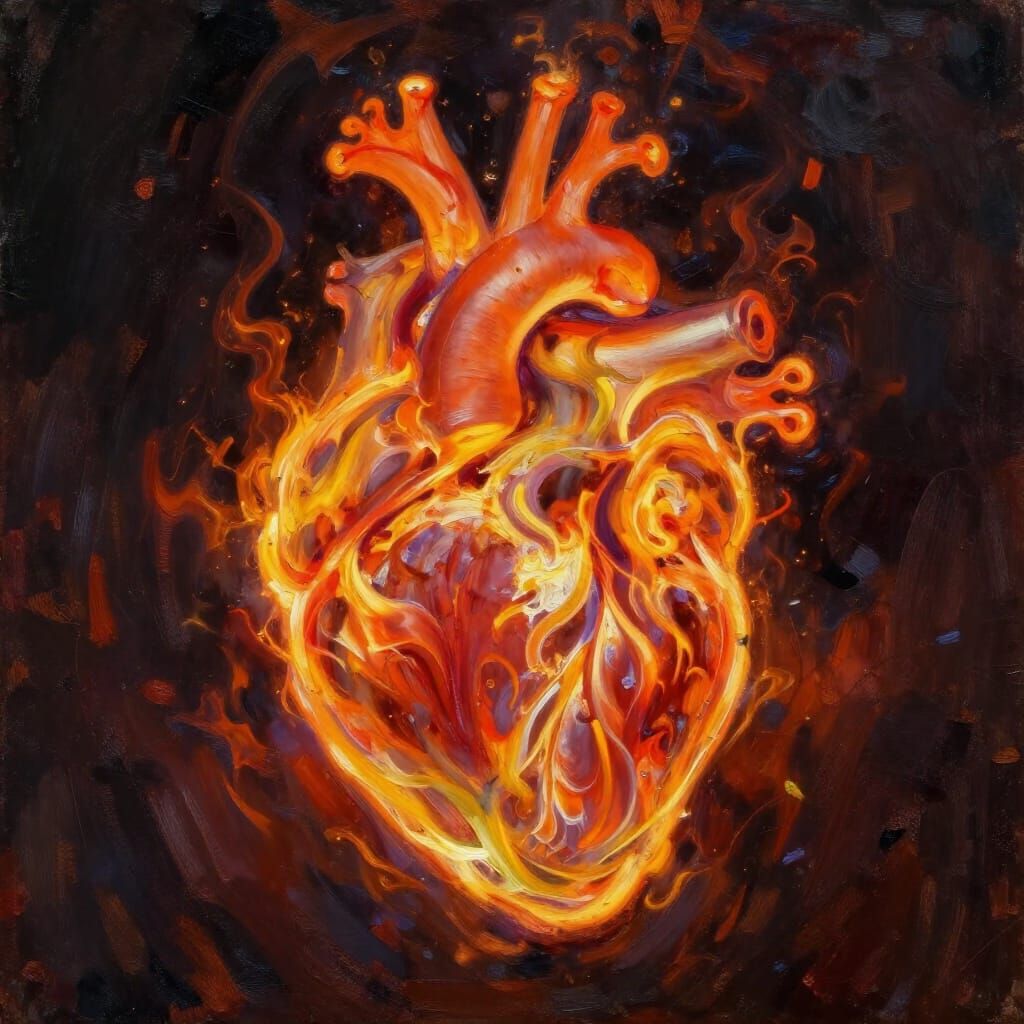 Human Heart of Dancing Flames in Chiaroscuro Oil Style