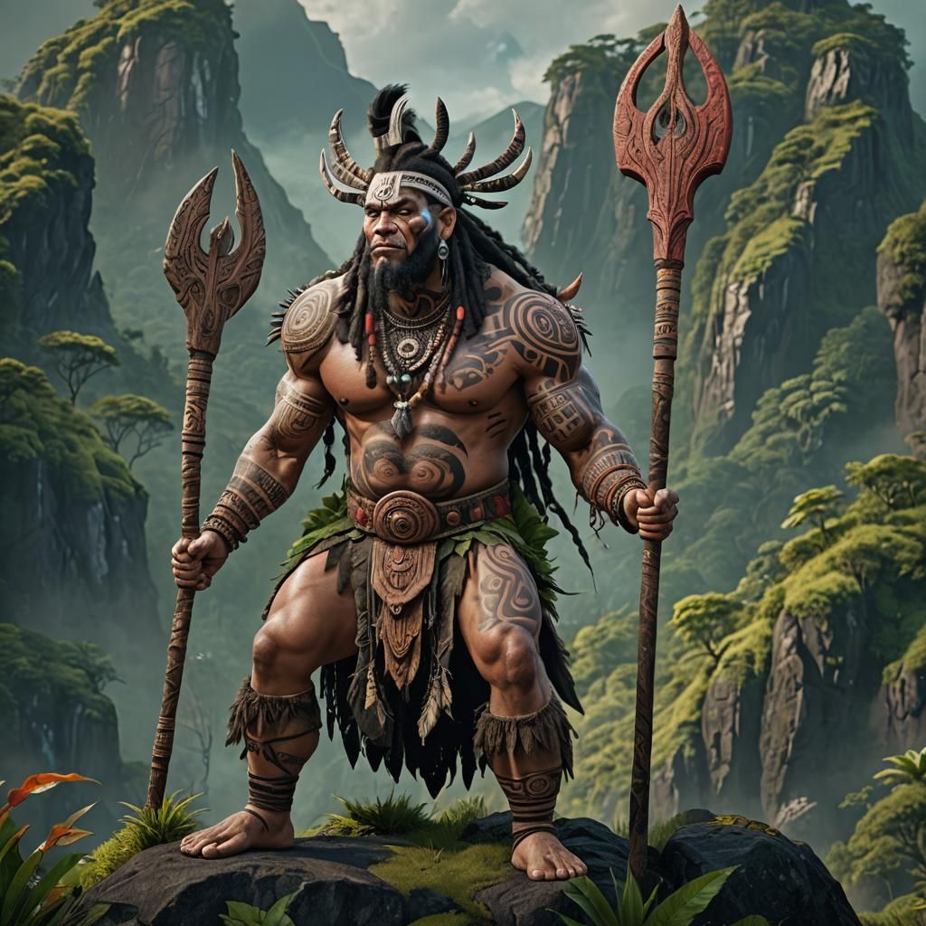 Muscular Maori Shaman on Lush Mountain