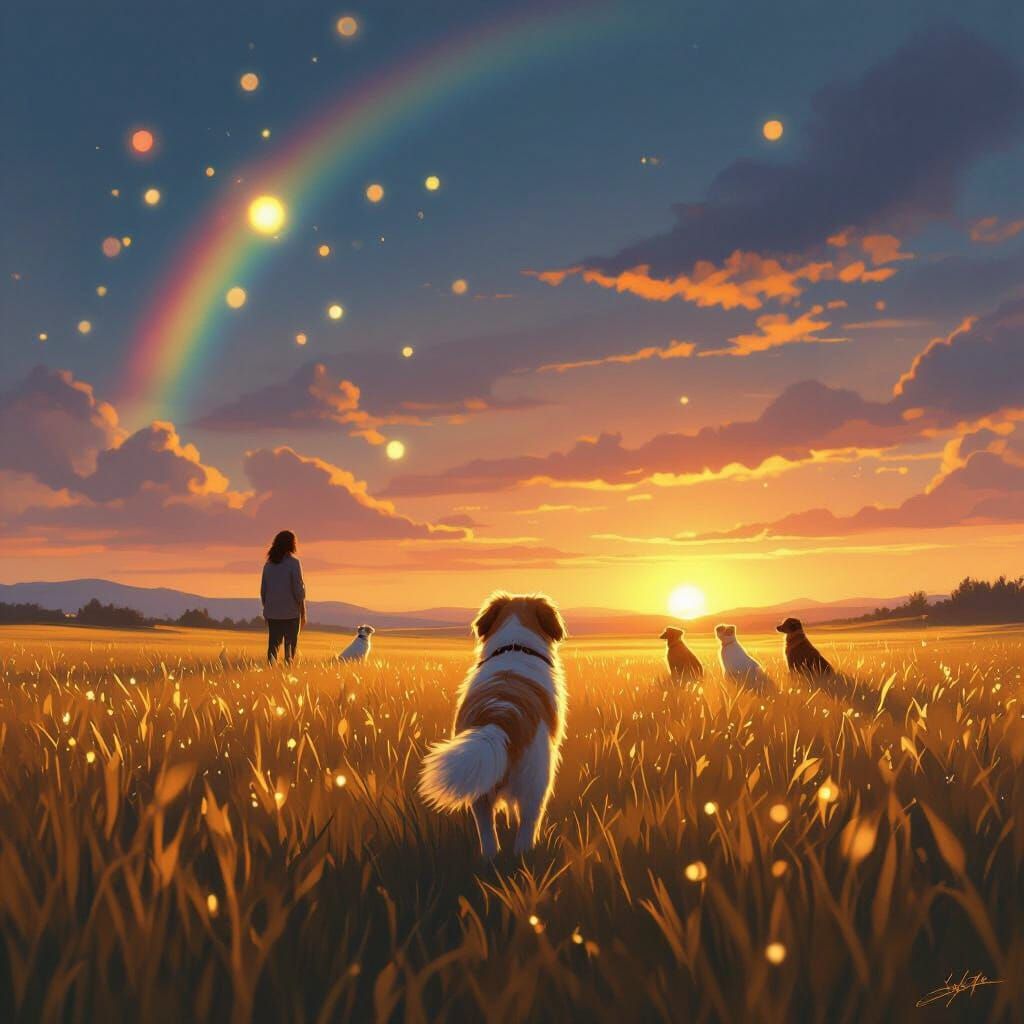 Dog's Journey: Golden Meadow at Sunset in Digital Art