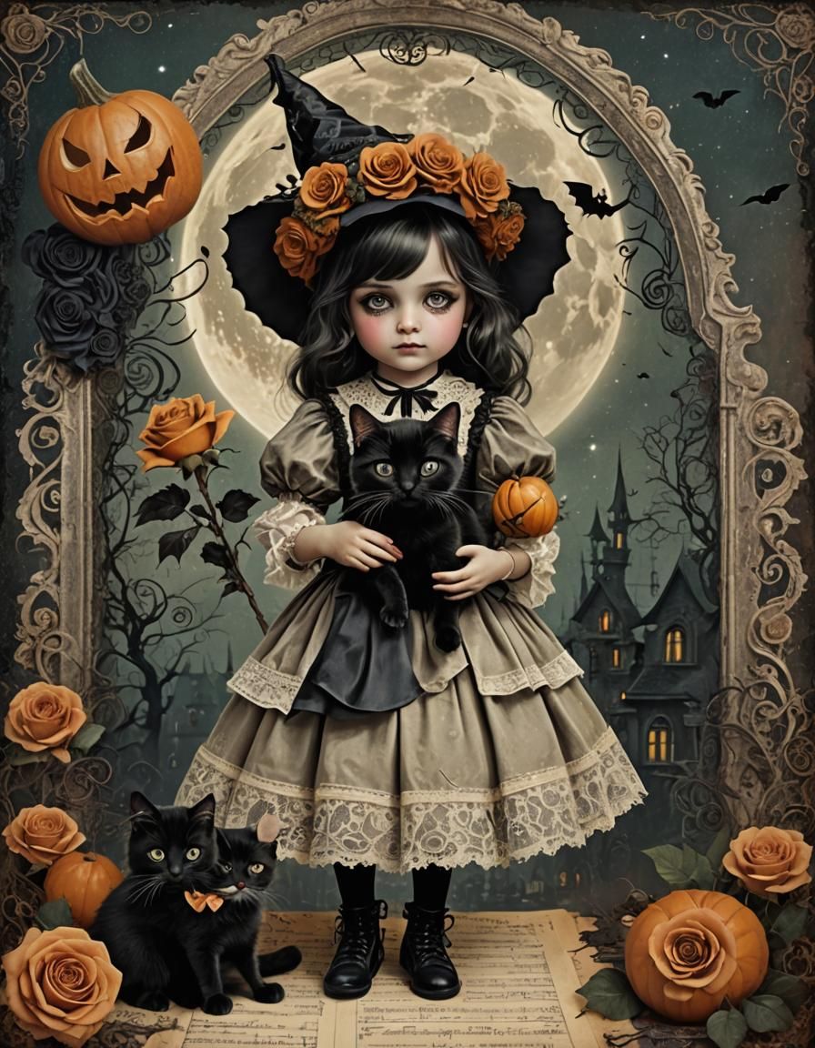 Vintage Witch with Kitten in Halloween Grunge Style