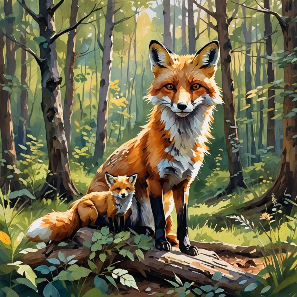 Fox and Cub Portrait in Gouache Style