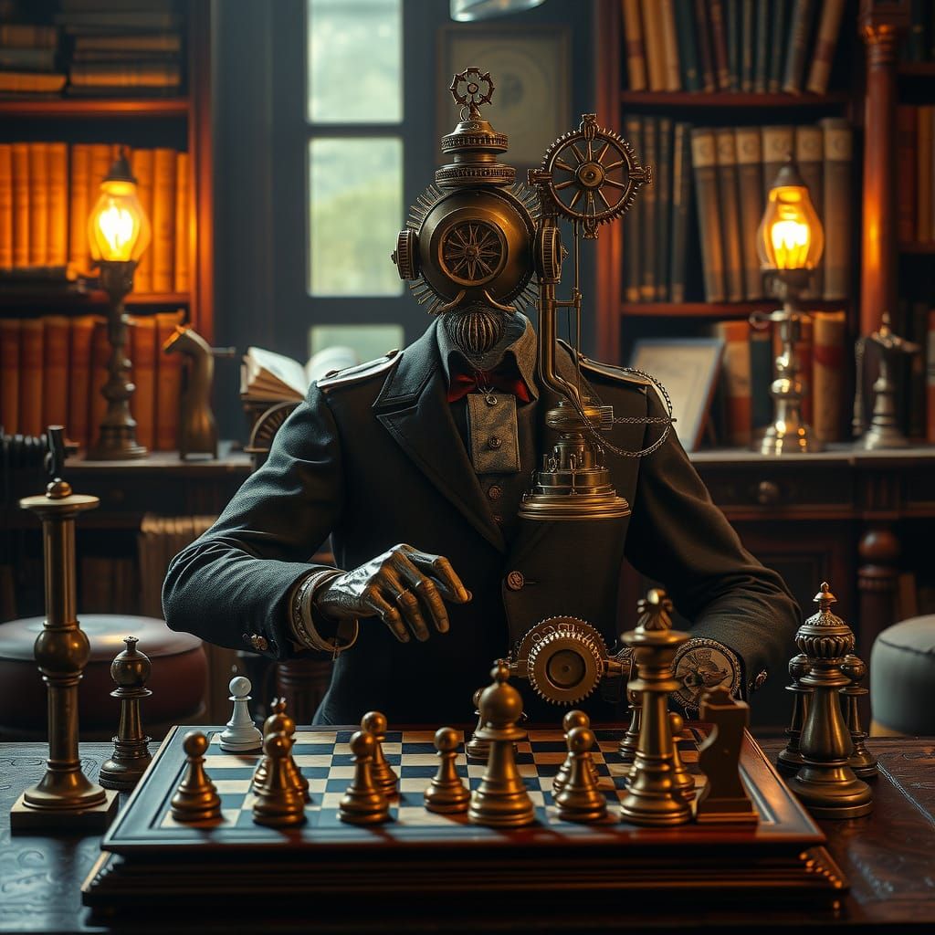 Steampunk Automaton Chess Player in Dimly Lit Study