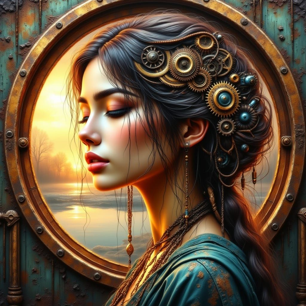 Steampunk Woman Portrait with Gears and Sunset