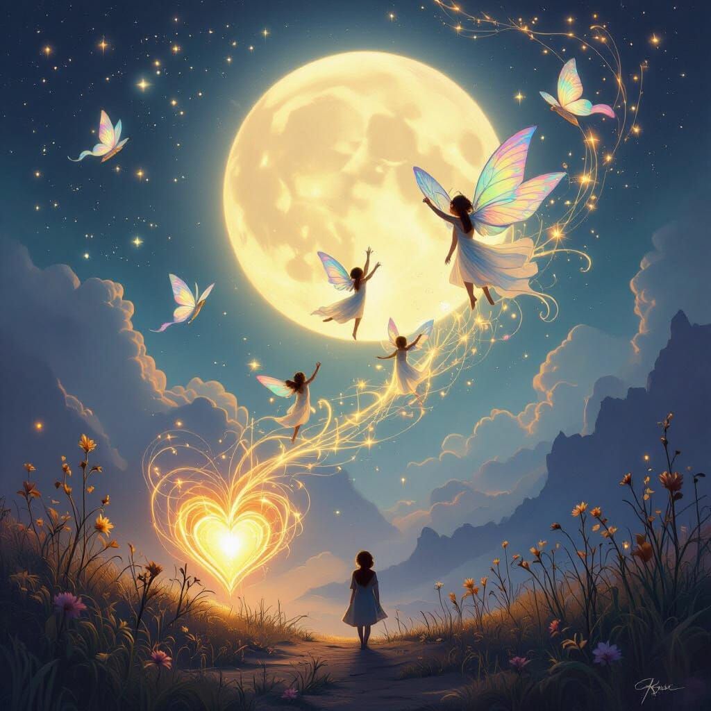 Ethereal Moonlight Ascent of Winged Figures