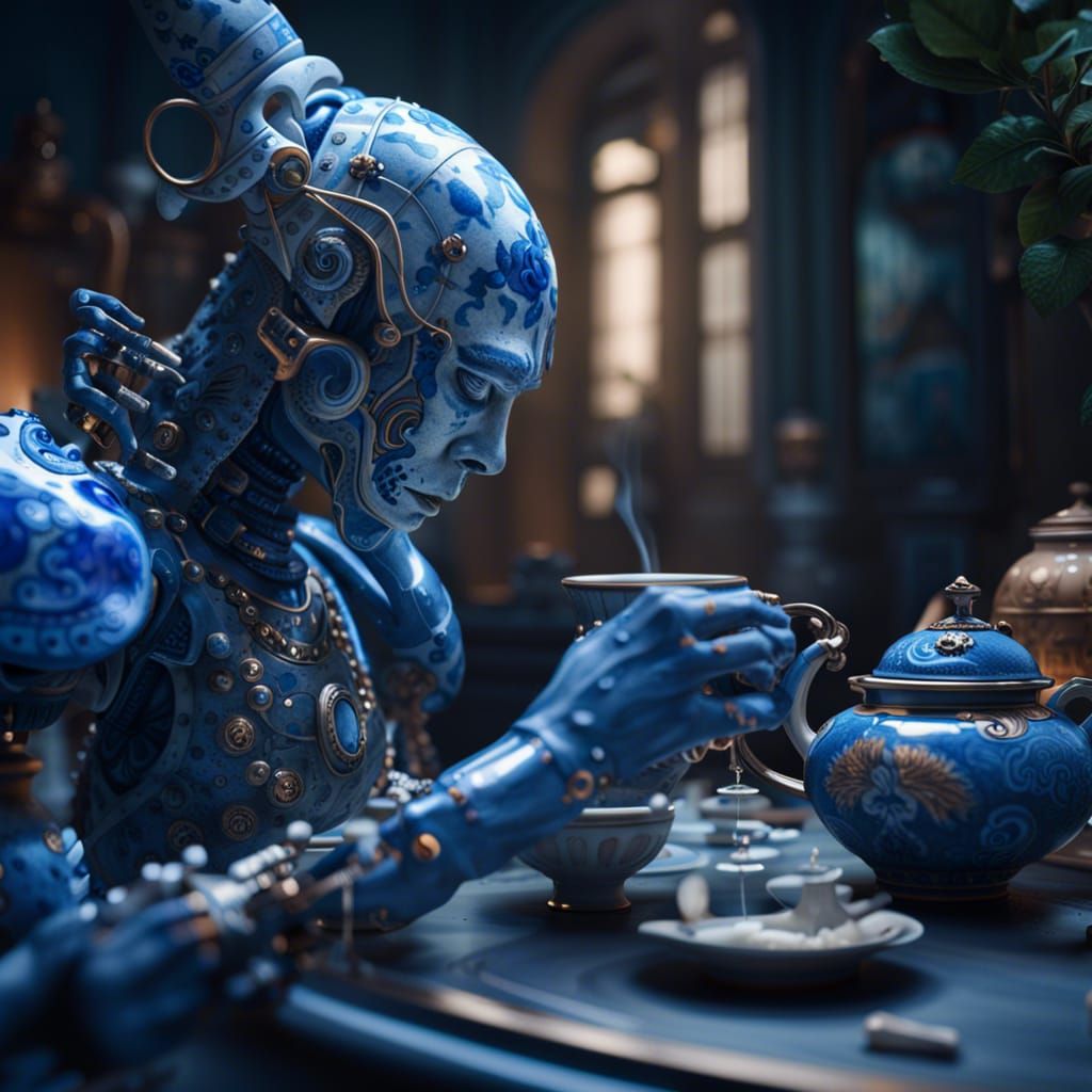 Gzhel Ceramic Cyborg Making Tea