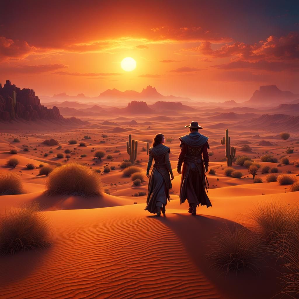 Desert Sunrise Couple in Detailed Matte Painting