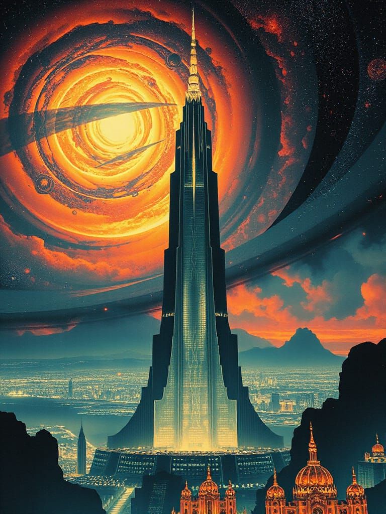 Art Deco Skyscraper Pierces Cosmic Nebula in Retro-Futurism ...